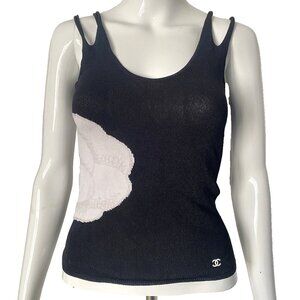 Vintage Rare 04P Chanel 2004 White Camellia Black Blouse Tank Top Shirt FR-34/36